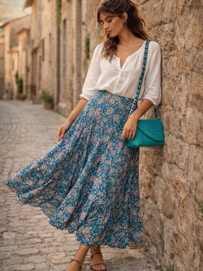 Boho Blue floral maxi skirt tiered A-line cottagecore euro summer Vintage